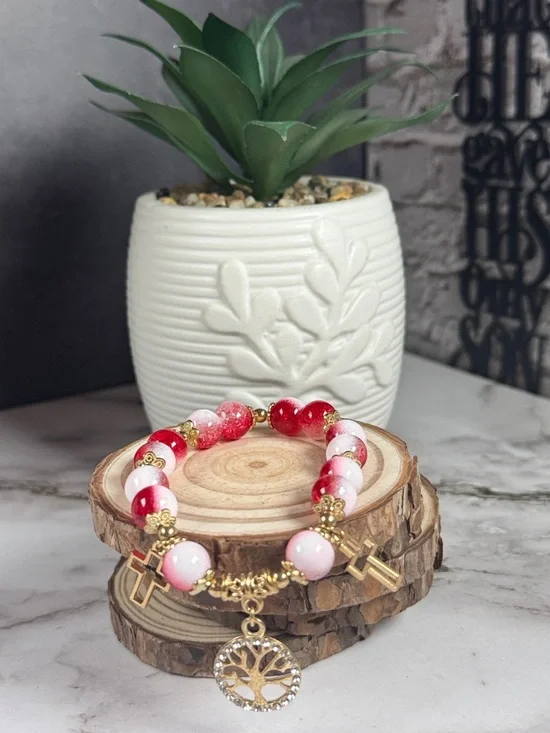 Gold Tree of Life Charm Bracelet - Pink & Red Beaded Women’s Jewelry - Picture 2 of 2